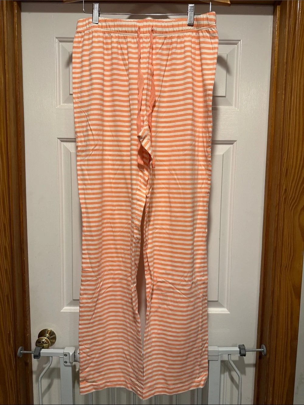 Lands' End Coral Long-Sleeve Pajama Top with Coral & White Striped Pants